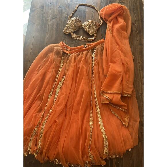 Vintage Handmade Handbeaded 1960s 1970s Belly Dancing Costume Orange & Gold Halloween Costumes Hand Make Beaded Belly Dance Samba  main image 2